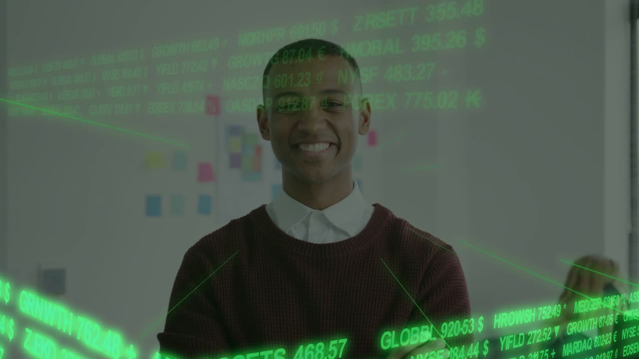 Man standing smiling while data feed updating scrolling finance ticker covering then showing pose