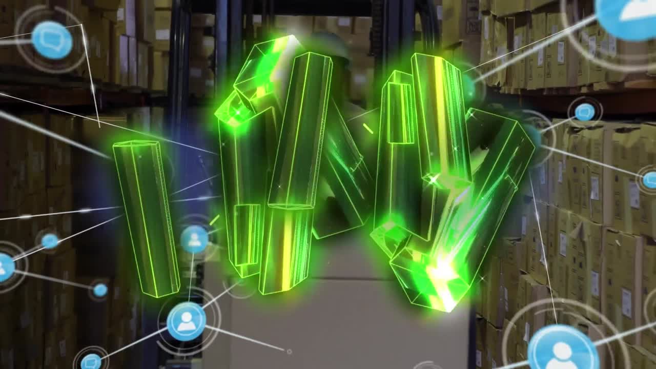 창고에서 일하는 사람 위의 아이콘과 연결의 녹색 블록 네트워크의 애니메이션