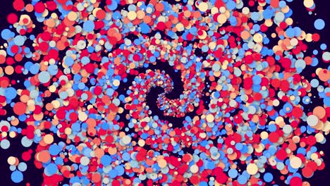 estructura en espiral. partículas redondas multicolores vuelan desde el emisor en el plano, las partículas forman un hermoso fondo. luma mate como canal alfa. fondo creativo simple. colores rojos azules.