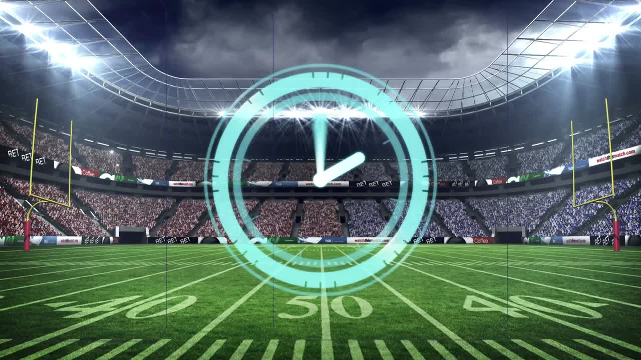 Animazione di orologio su stadio sportivo vuoto