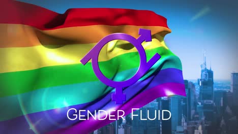 Gender fluid text and symbol on rainbow flag and cityscape background