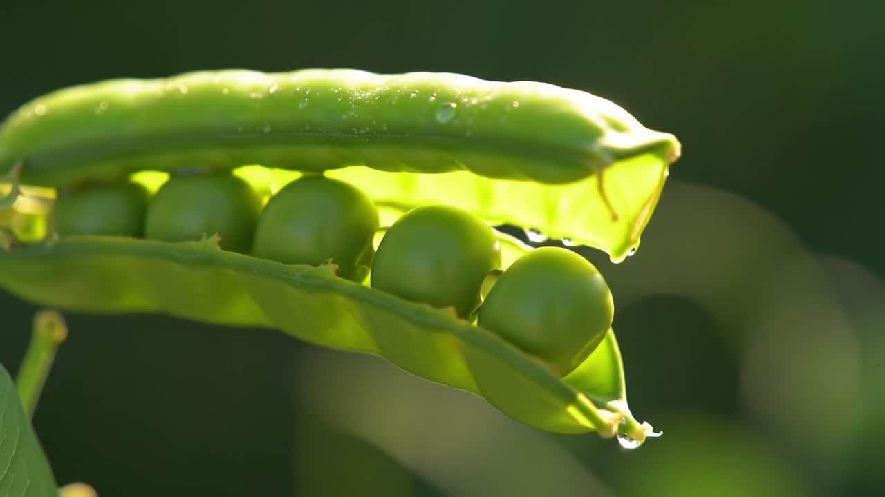 Fresh Green Pea Pod Bursting With Ripe Peas Highlighted by Soft Sunlight