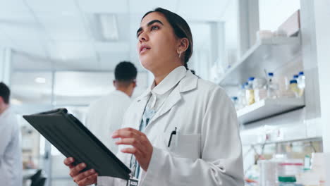 Thinking,-tablet-and-scientist-woman