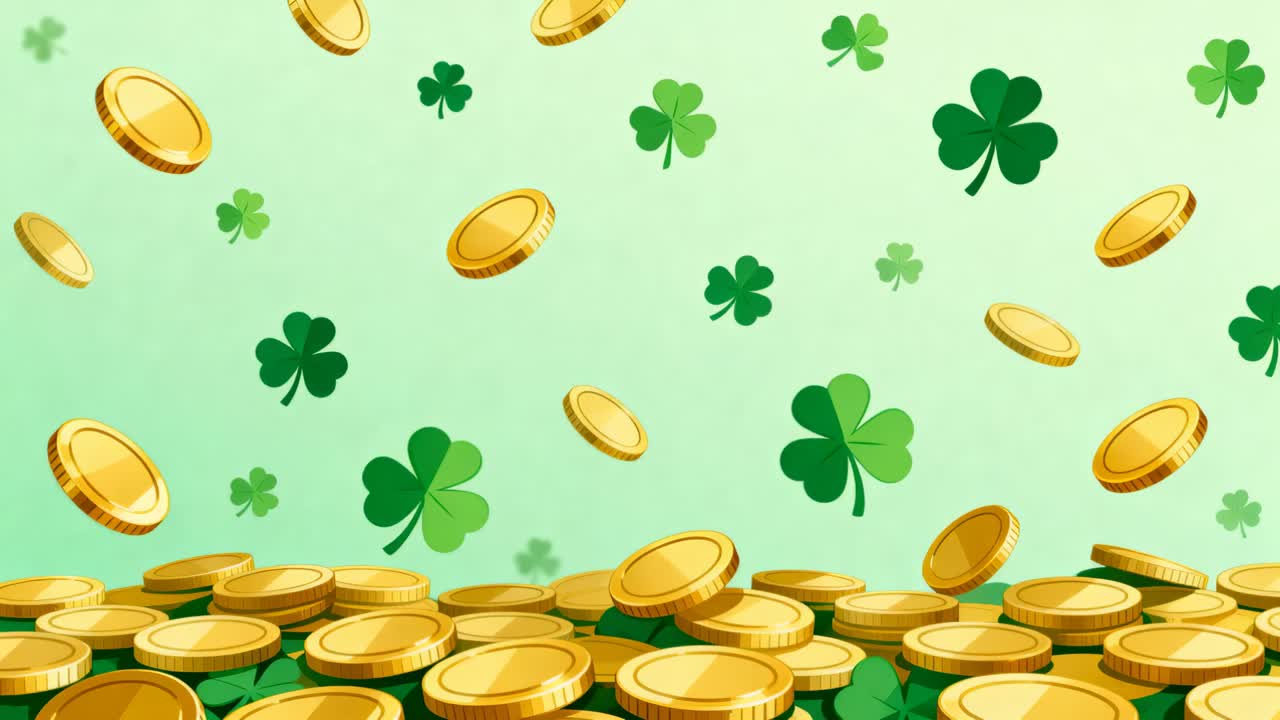Animation starting, falling gold coins rotating into pile on green gradient, shamrocks evoking luck