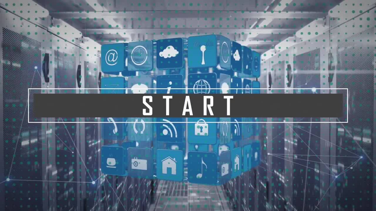 Animation of start text banner over cube of digital icons spinning against computer server room