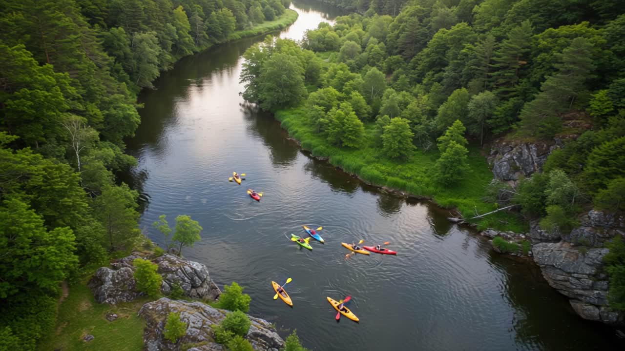 Aerial View of Colorful Kayakers on a Serene River Surrounded by Lush Greenery, Showcasing the Beauty of Nature and Outdoor Adventure Activities