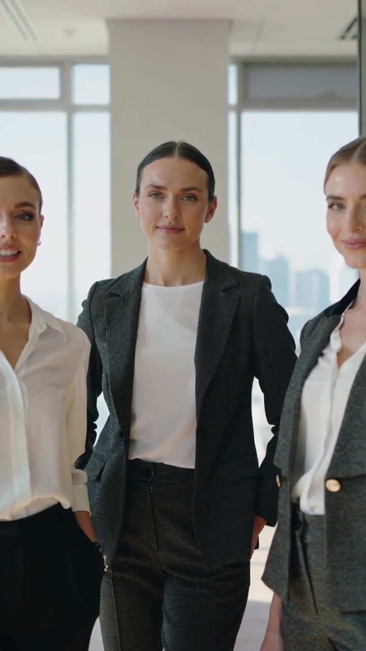Video verticale: Tre donne in blazer si muovono e sorridono vicino alle finestre per una ripresa.