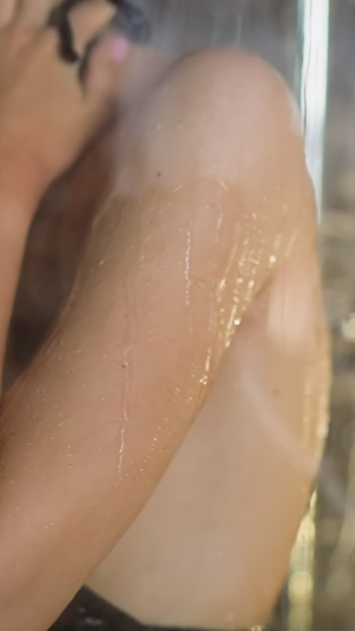 Young woman puts back under hot flowing water streams in fogged shower cabin reflecting daylight at morning daily routine slow motion closeup