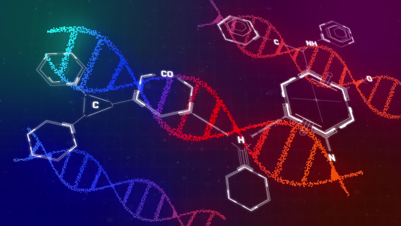 Animação de estruturas químicas sobre fitas de DNA girando ao fundo