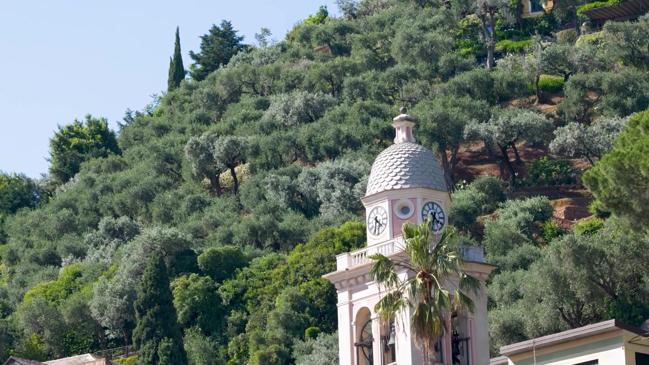 Inquadratura ampia e statica di un campanile tradizionale immerso tra gli ulivi sotto la luce solare intensa