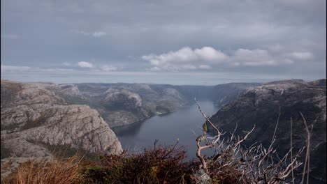 lysefjord from preikestolen with overcast sky