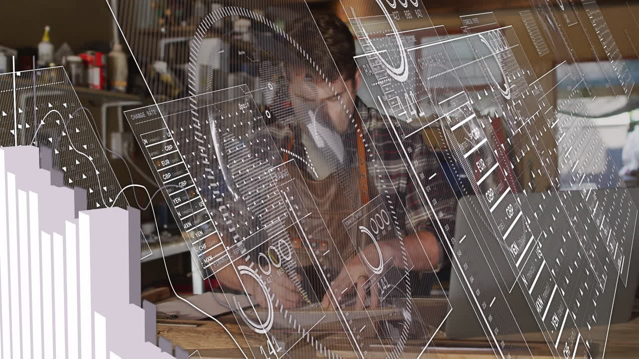 man marking wooden plank on workbench in woodshop, showcasing floating digital graphs and UI