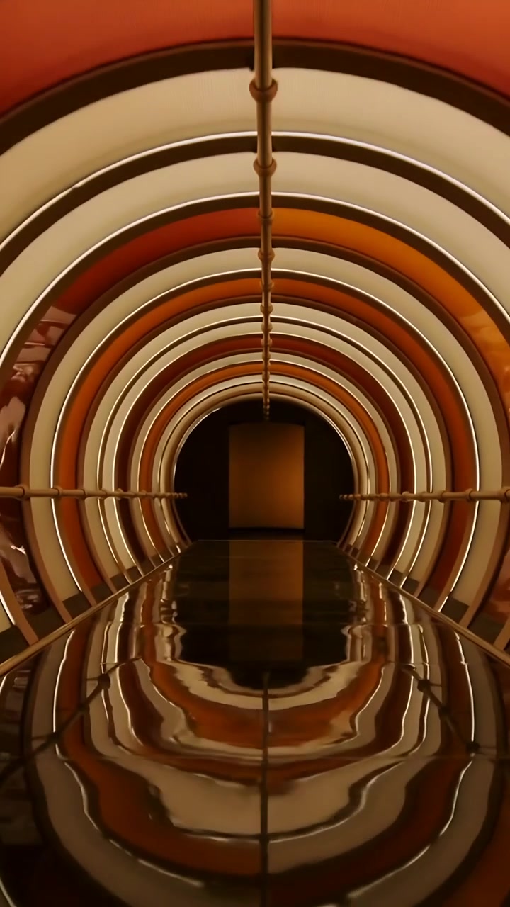Vertical video: Moving camera sliding through lit tunnel, revealing rings and reflective floor