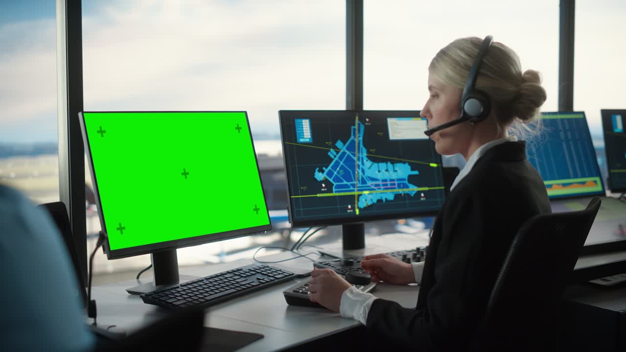 controladora de tráfico aéreo femenina con auriculares trabaja en la computadora con pantalla verde en la torre del aeropuerto. habitación de oficina con pantallas con pantallas de navegación, datos de radar de vuelo de avión para el equipo.