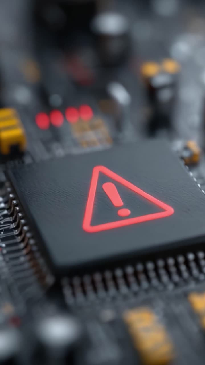 Nærbillede af en computerchip der viser et advarselssymbol, der signalerer potentielle problemer i elektroniske kredsløb og komponenter, og fremhæver kritiske advarsler for teknologiske systemer
