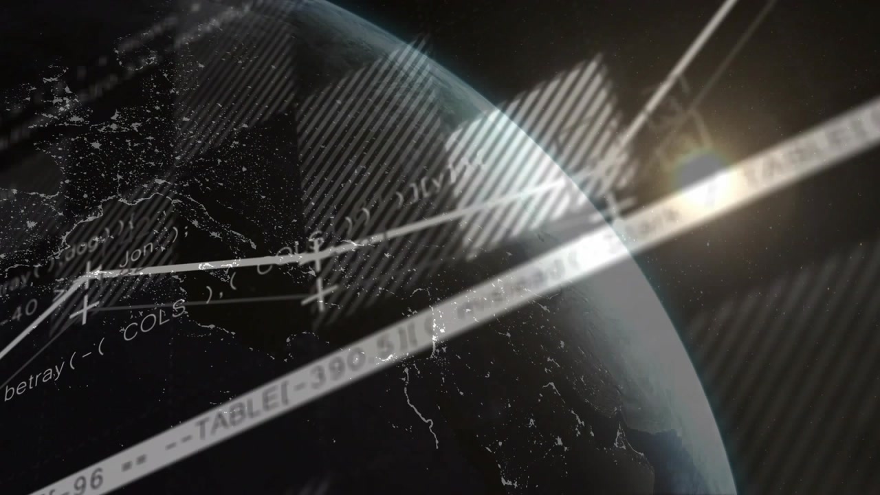 Earth rotating, sun flaring at edge, stripe panels sliding, graph forming, data hiding for analysis
