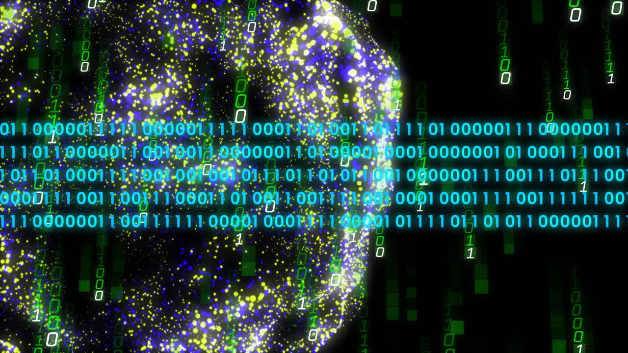 Animation of digital data processing binary coding over floating mesh on black background