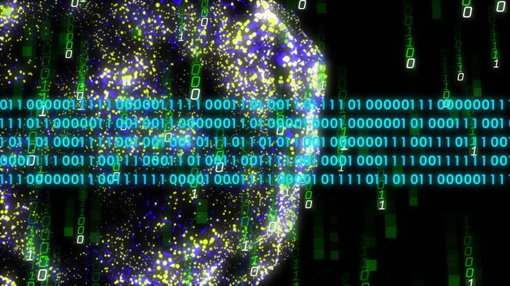 Animation of digital data processing binary coding over floating mesh on black background