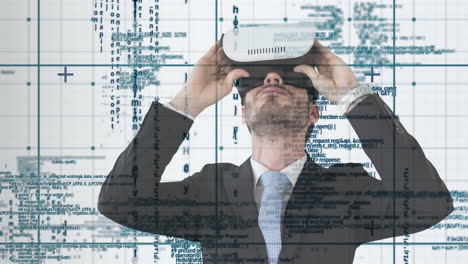 using virtual reality headset, business professional exploring data processing animation over graphs