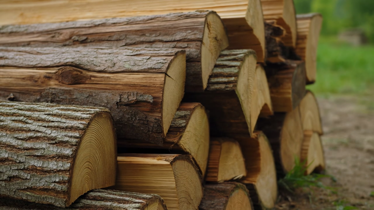 Stacked Firewood Logs On Grass, Rough Bark And Sawn Ends Visible, Orderly Pile In Rural Yard, Earthy Tones,