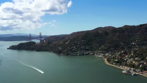 boats in bay area of northern california by sausalito, aerial drone view