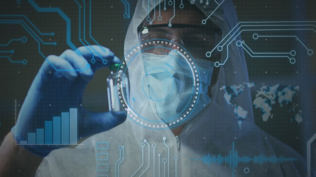 animazione dell'elaborazione di dati medici su un uomo caucasico con maschera e tuta ppe che tiene un vaccino