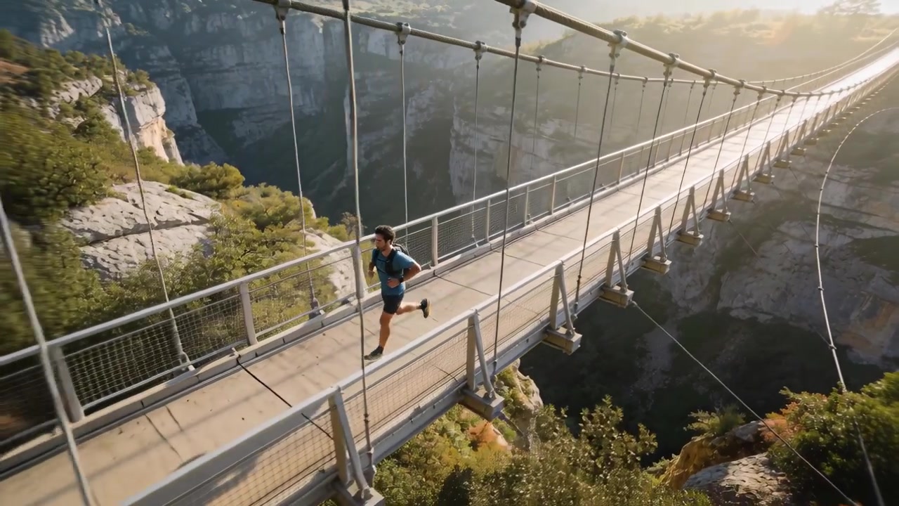 Uomo che corre con attrezzatura da trail, si allena all'alba attraversando un ponte sospeso su un canyon, con uno zaino.