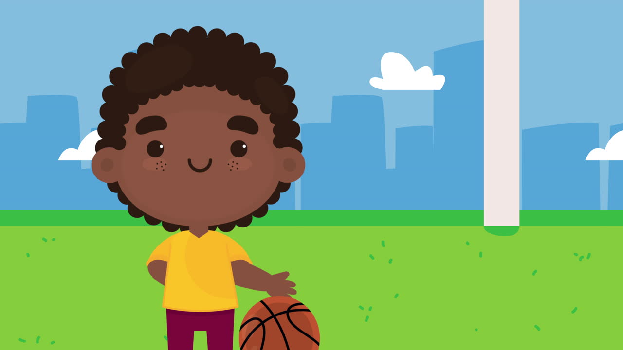 un lindo niño afroamericano jugando al baloncesto