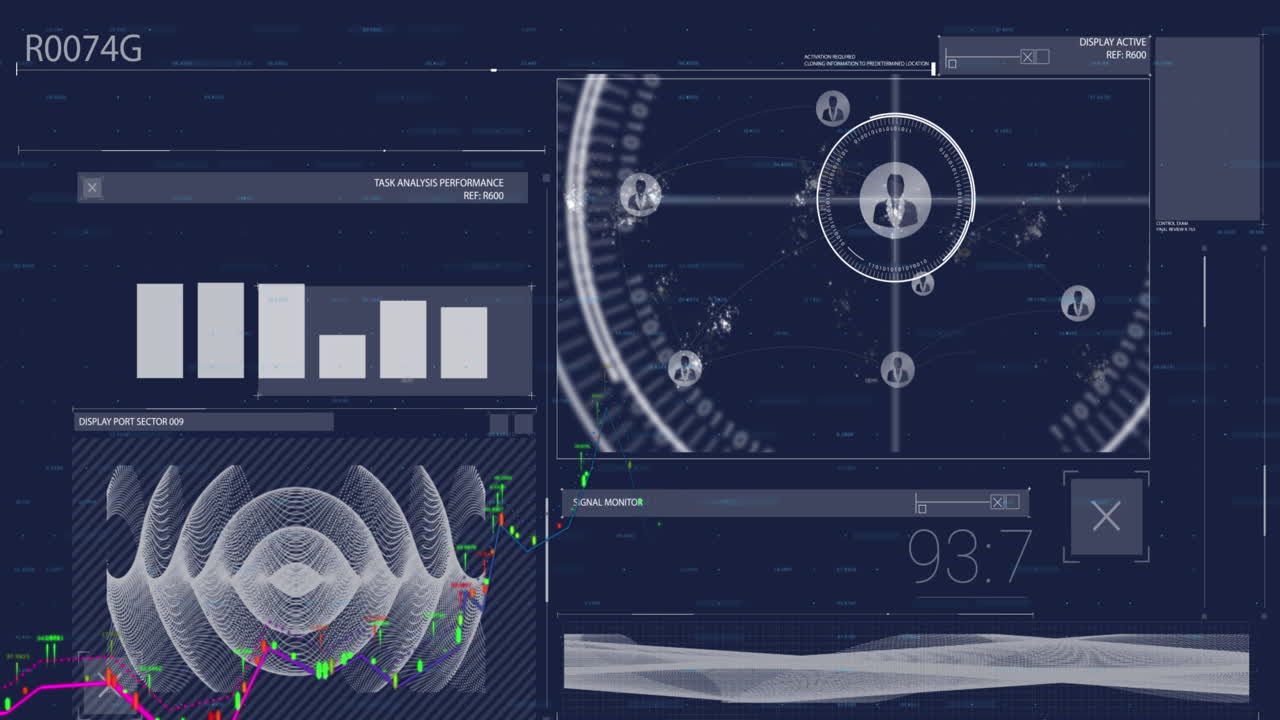 animación de la interfaz con el procesamiento de datos contra un fondo azul