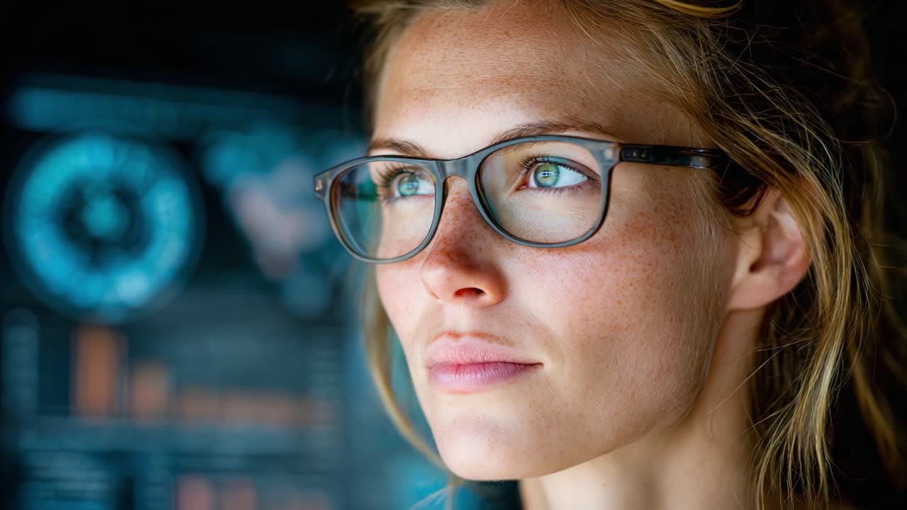 Insightful Portrait of a Focused Woman with Glasses Surrounded by Data Visualizations and Charts, Capturing a Moment of Thoughtful Reflection and Analysis