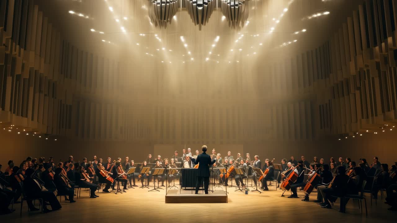Immagine grandangolare di un'orchestra che si esibisce in una grande sala, che cattura il direttore d'orchestra e i musicisti