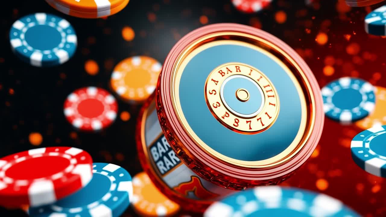 Colorful roulette wheel and chips. A roulette wheel spins as vibrant poker chips scatter around, creating an energetic atmosphere in a casino.