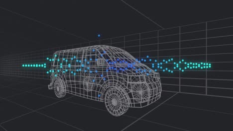 animación de un modelo de coche 3d sobre una cuadrícula sobre un fondo negro.