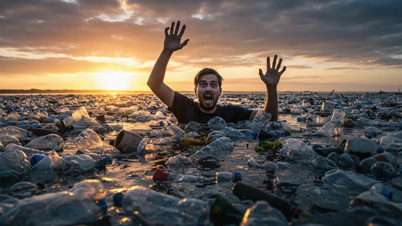 Una figura in difficoltà tra rifiuti di plastica in aumento al tramonto: una rappresentazione drammatica dell'impatto dell'inquinamento sui nostri oceani e dell'urgenza di un'azione ambientale.