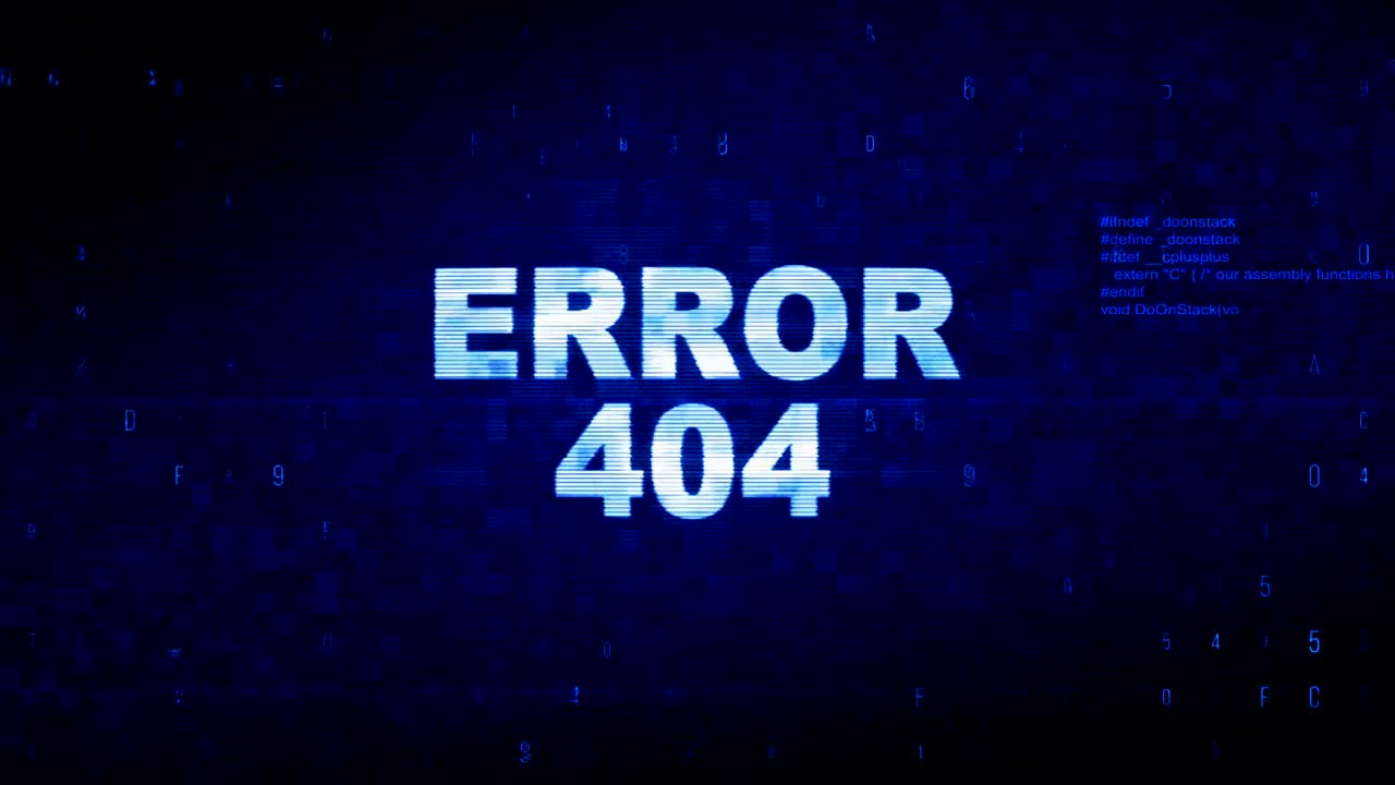 error 404 texto ruido digital sacudida glitch distorsión efecto error animación
