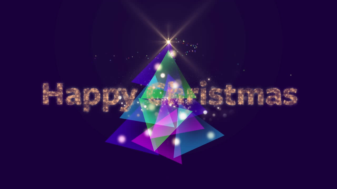 다채로운 삼각형으로 만들어진 크리스마스 텍스트와 크리스마스 트리의 디지털 복합 비디오