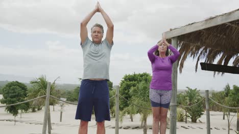 happy senior caucasian couple practicing yoga standing on beach sun deck, in slow motion