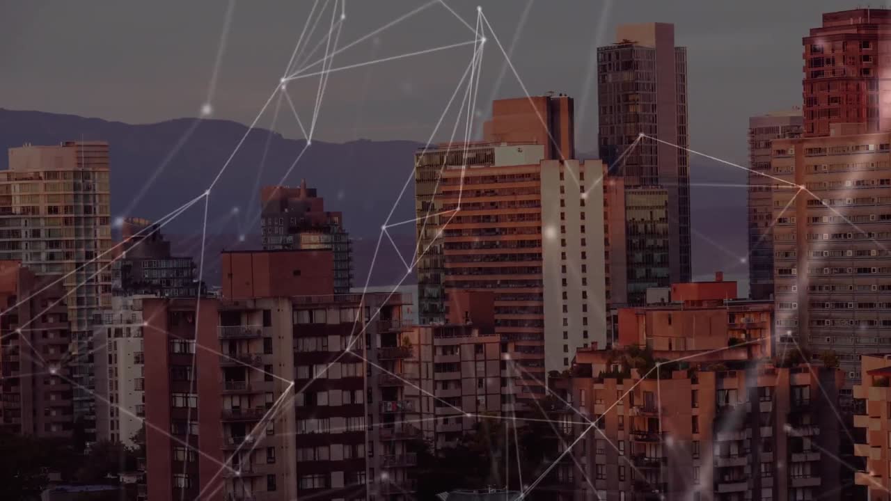 Animation of network of connections over cityscape