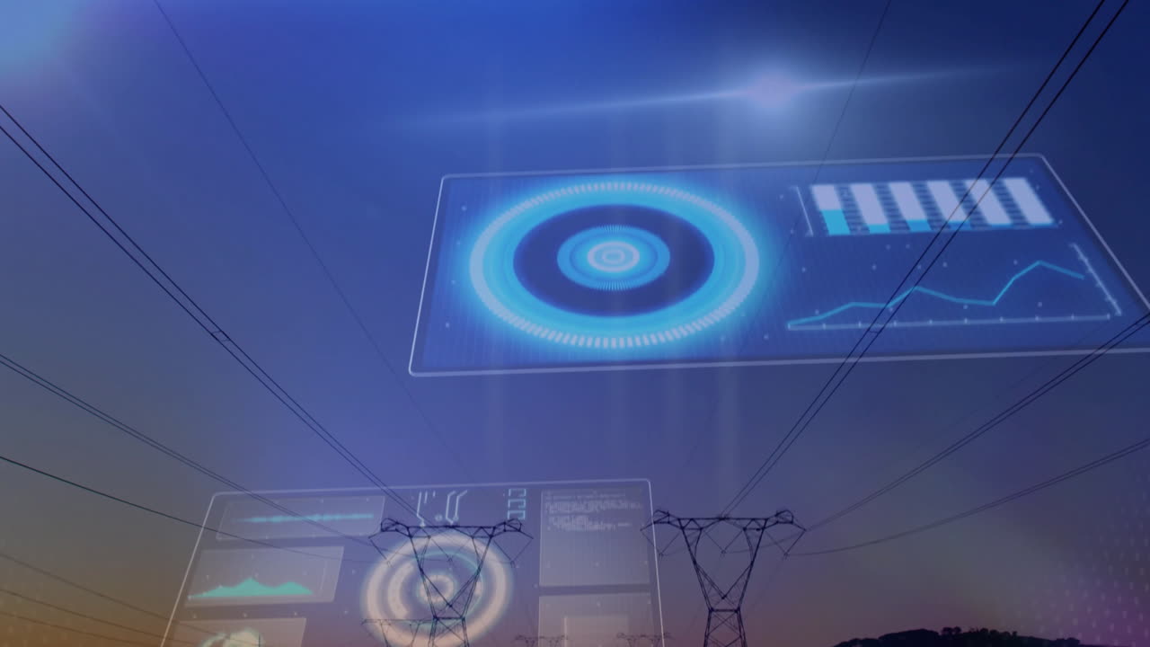Electrical transmission towers stretching across twilight sky, with floating holographic panels