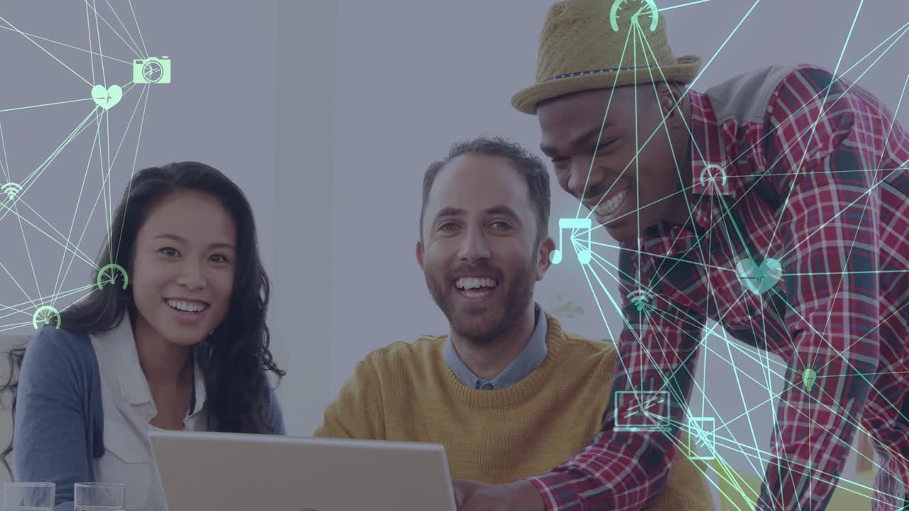 Animation of network of connections with icons over diverse group of business people