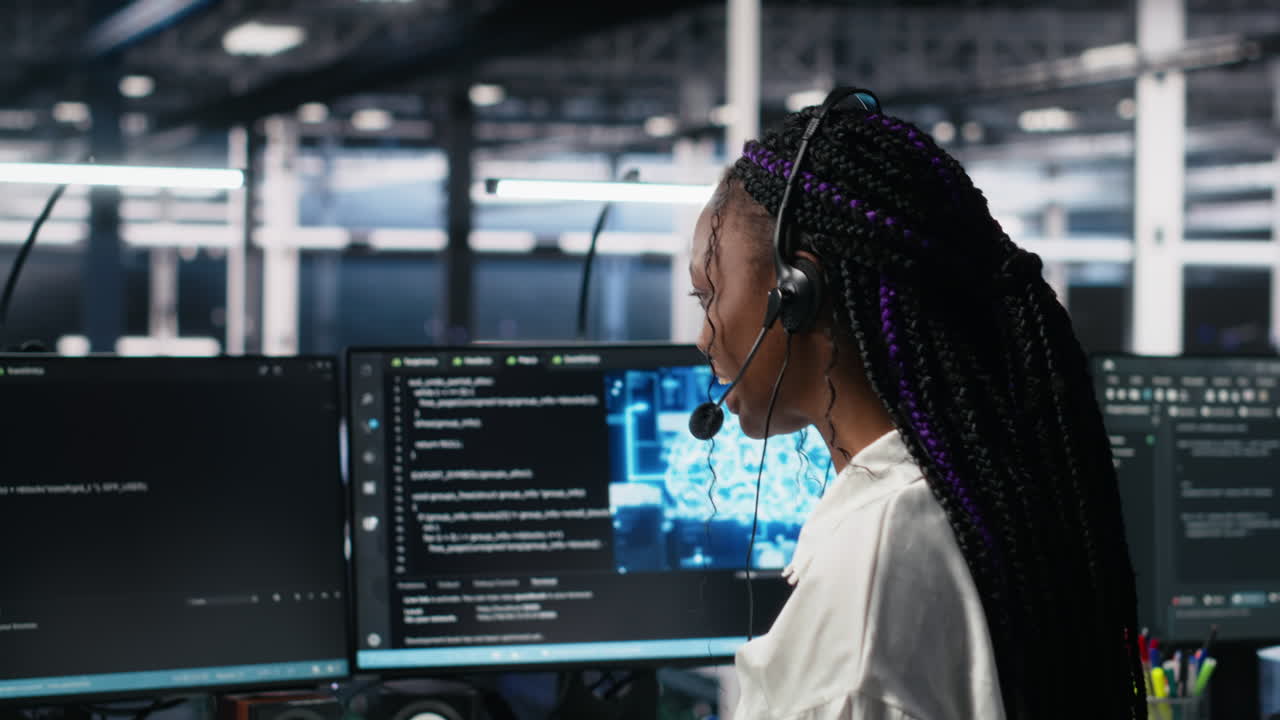 Admin In Data Center Wearing Headset Assisting Users With Ai