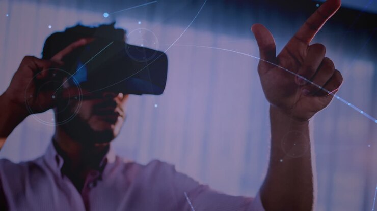 Animation of network of connections over businessman wearing vr headset