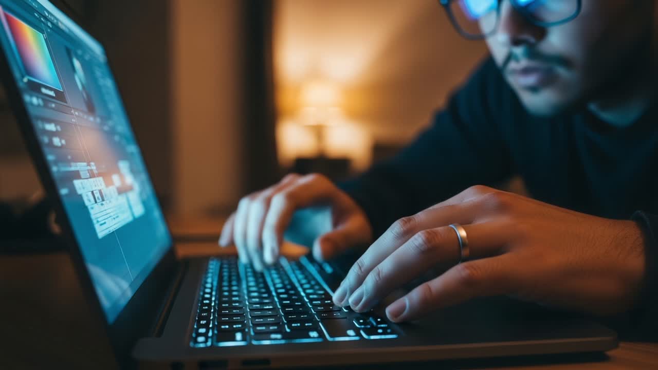 Engaged in Digital Creativity: A Focused Individual Working Late at Night on a Laptop with Illuminated Keyboard and Screen, Showcasing Modern Technology and Productivity