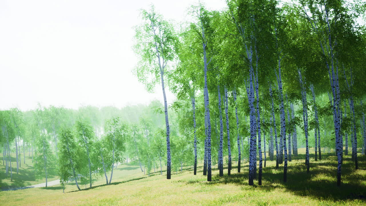 Lush green forest with tall trees and soft sunlight in tranquil landscape