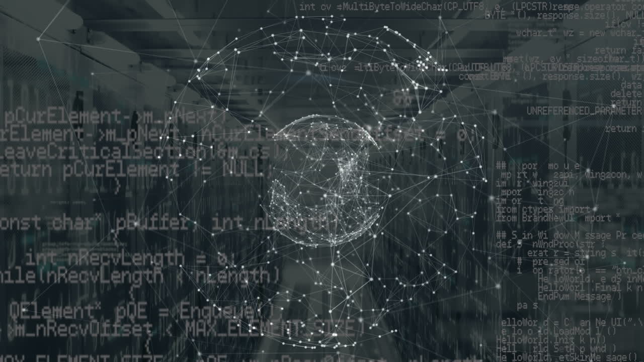 Animation of network of connections, globe and data processing over servers