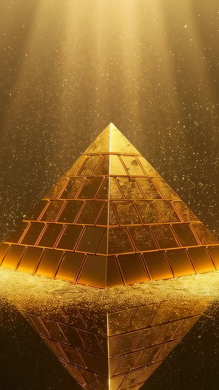 Vertikální video: Měnící se paprsky vytvářející zlatou pyramidu zářící na rovině, pohybující se kruh, poletující prach