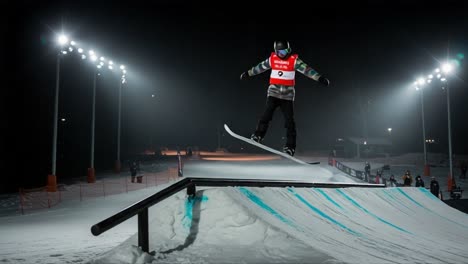 snowboarder performing tricks under night lights on a snow-covered terrain: showcasing skill and balance on a rail feature in a winter sports environment