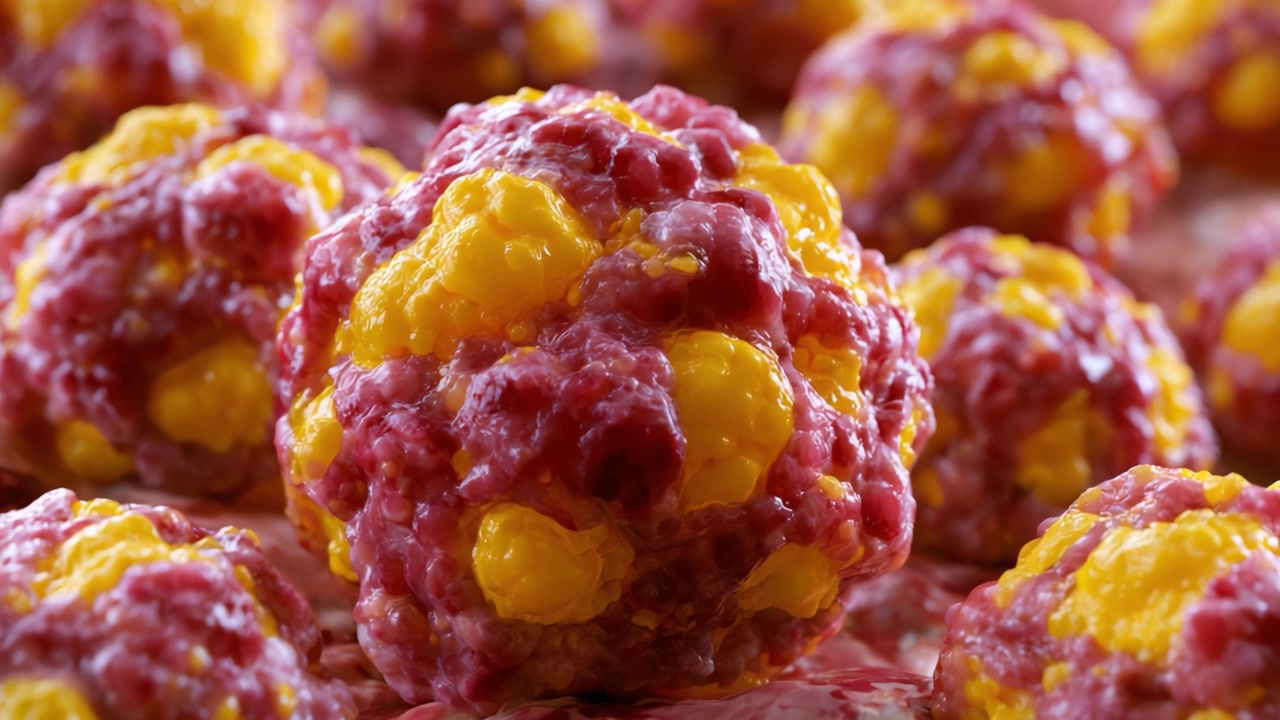 Una vista ravvicinata di sfere colorate e texturizzate con elementi rosso intenso e giallo vibrante, che evidenziano perfettamente la loro trama unica e intrigante.