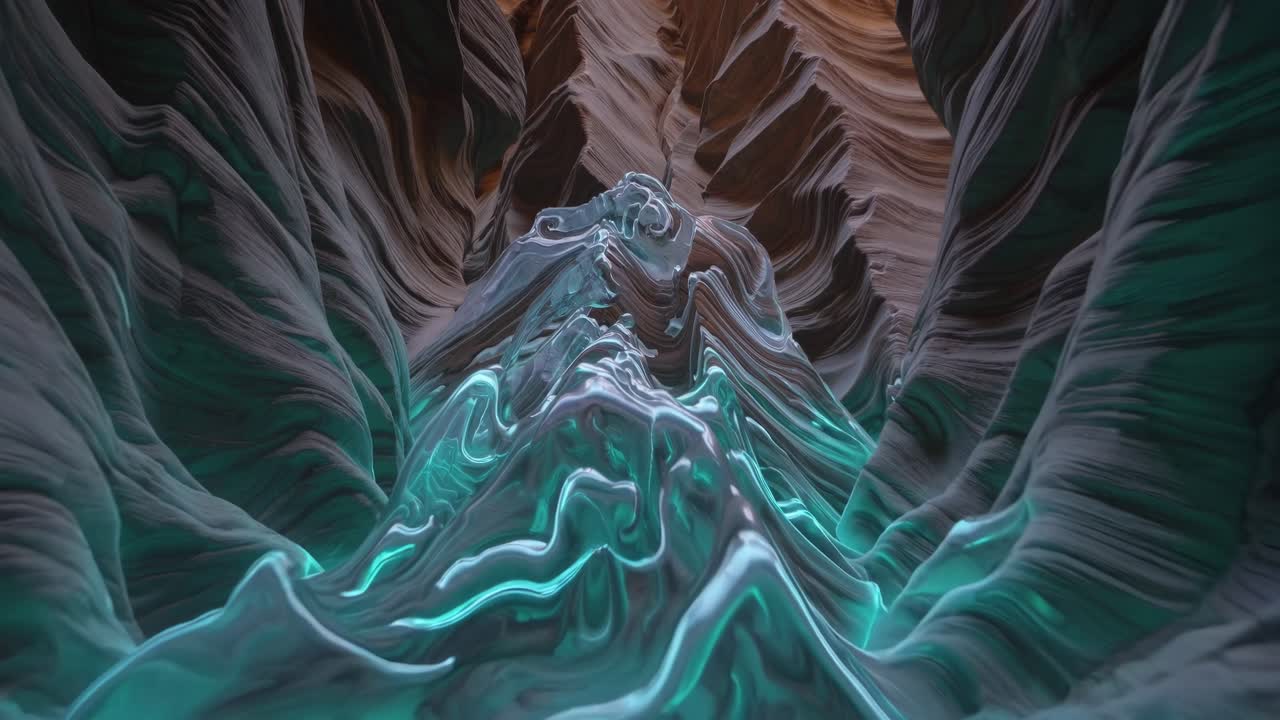 Turquoise glowing abstract shapes flow through textured canyon rocks creating a surreal scene with vibrant colors and intricate patterns