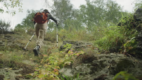 female tourist climbing mountain trail with poles